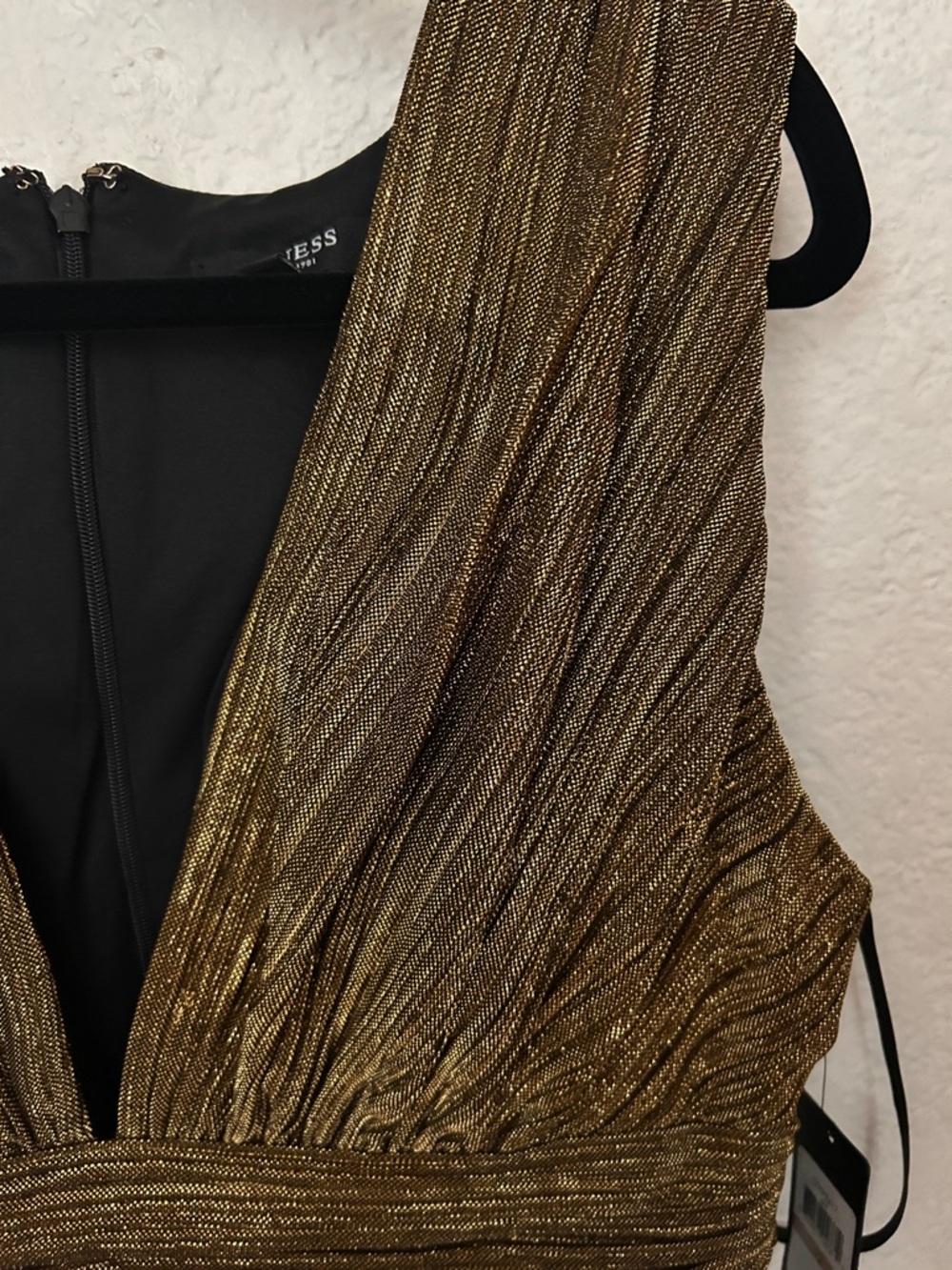 Guess Metallic Gold Pleated V-Neck Midi Dress - Picture 3 of 7